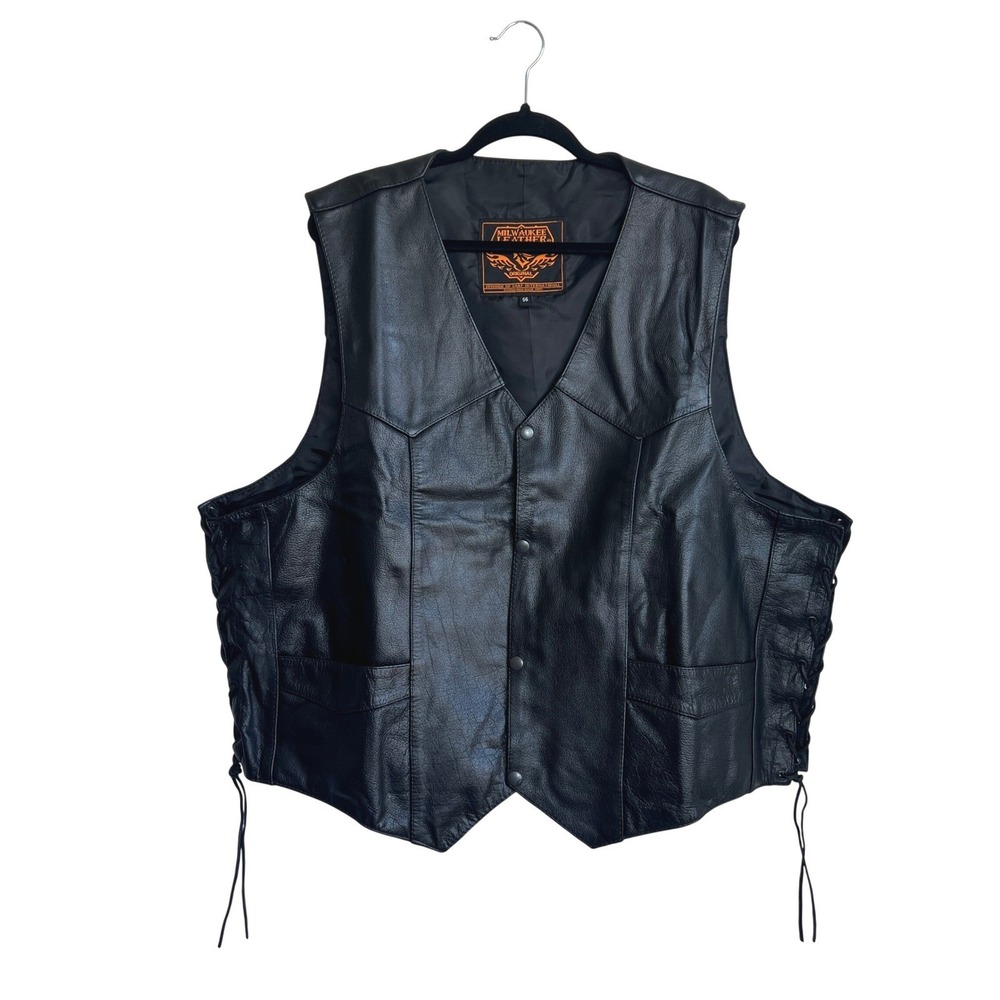 Milwaukee Leather Mens Black Biker Vest Lace Up Sides Snap Front Size 56‎ L3010
